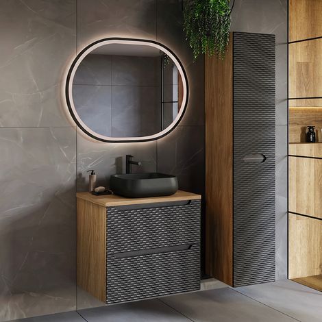 Conjunto de muebles lavabo individual 60cm y columna Elora Negro y madera (1/5)