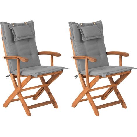 Lot 2 Chaises de Jardin Pliables en Bois d'Acacia avec Coussins d'Assise Gris Confort et Design pour Terrasse au Style Campagne Beliani