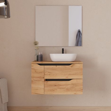 Meuble de salle de bain 80cm avec plateau, vasque à poser déportée à droite Zeus et miroir - 2 tiroirs et un placard - roble (chêne clair) - ZARZA