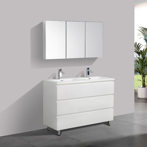 Stano. – Meuble double vasque 120 cm – Plan en marbre synthétique blanc – Meuble bas sur pieds – Installation rapide et simple (1/5)
