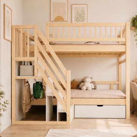 Lit superposé 140x200 cm Lit enfant en bois massif - échelle à rangements et tiroir - bois naturel (1/5)