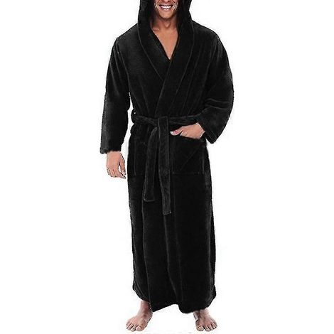 Peignoir chaud en polaire avec capuche pour homme, peignoir long en éponge Zwart-2XL-Zwart (1/2)