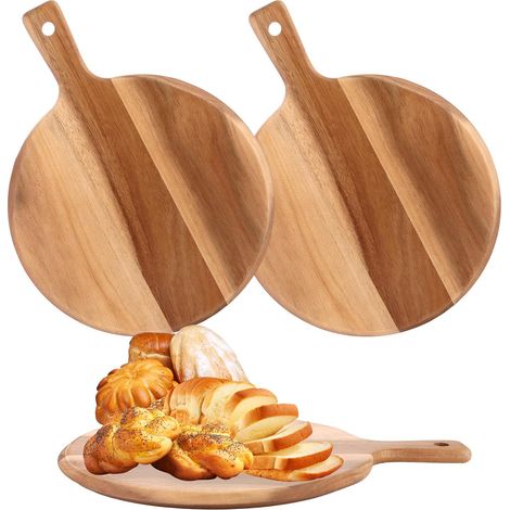 Lot de 2 planches à découper en bois avec poignée, Ø 30,5 cm, assiettes à pizza en bois durable, planche à pizza ronde, pour hacher et servir des saucisses, du fromage, des pizzas, du pain (1/5)