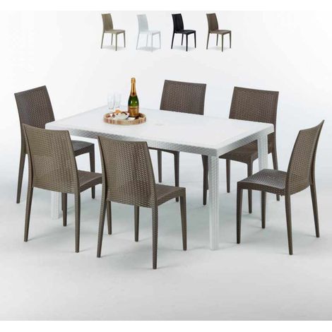 Table Rectangulaire Blanche 150x90cm Avec 6 Chaises Colorées Grand Soleil Set Extérieur Bar Café Bistrot Summerlife - Marron