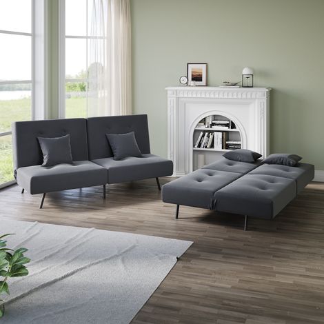 ELEGANT Sofa Bed 2 Seater with Sofa Bed Storage, Double Fold Design, Iron Legs, Adjustable Backrest and 2 Cushions, Dark Grey