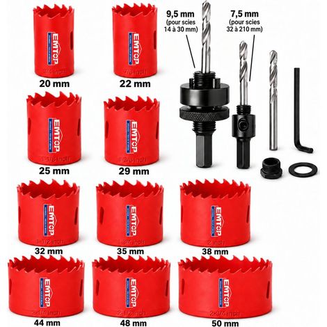 EMTOP Set de scies cloches bimétalliques 10 pièces diamètre 20 à 50 mm (1/5)
