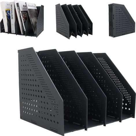Cassette à magazines 4 compartiments format A4, organiseur de bureau, porte-revues présentoir, corbeille à journaux plateau de lecture, 330 x 255 x 243 mm - Gris foncé - Pliable - Plastique (1/5)