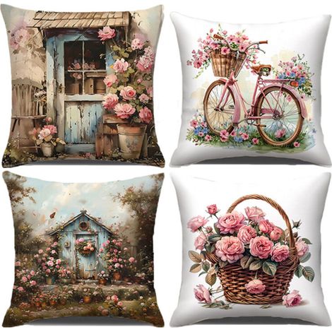 Housse de Coussin Fleur 45x45 cm, Lot de 4 décoratives pour canapé à Fleurs rétro peintes à la Main Lavable Lin Textile extérieur taie d'oreiller (1/4)