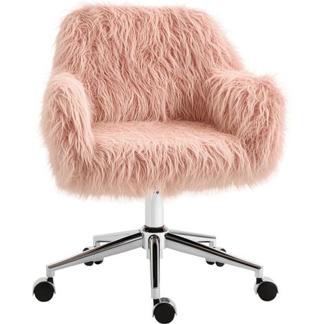Vinsetto Chefsessel Drehstuhl Computerstuhl Schminkstuhl mit Kunstfell Sitzhöhenverstellung für Mädchen Kunstpelz Schaumstoff Rosa+Silber 57 x 60 x 75-85 cm