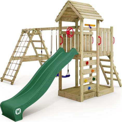Wickey – Structure d escalade en bois avec double balançoire et toboggan 220 cm – Module d escalade – Bois massif traité – Garantie 10 ans
