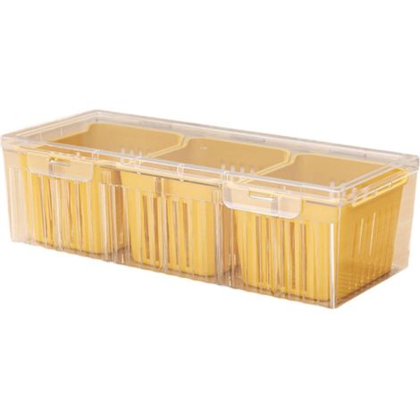 Bac de rangement pour congélateur avec égouttoir, compartiments divisés pour légumes et aliments, panier de drainage jaune idéal pour pique-nique et cuisine. (1/4)
