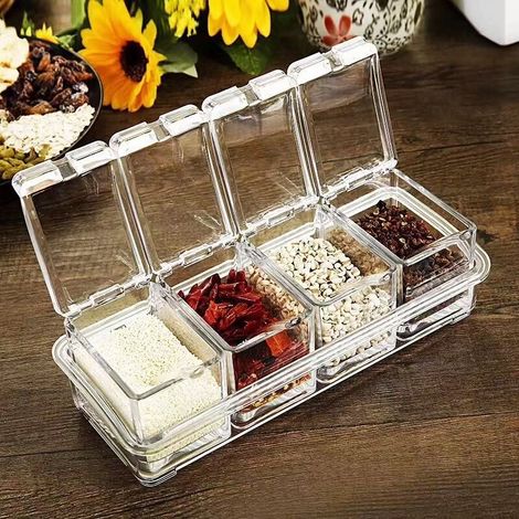 Gewürzbox-Set, 4-teilig, transparente Flaschen, Salz, Gewürzglas, Gewürzdosen, Küchengewürzbehälter, Vorratsdosen mit 4 Löffeln, Dosendeckel und Löffel