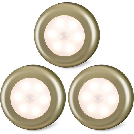 Lot de 3 lampes LED à détecteur de mouvement, sans fil, à fixer, pour placard, escalier, dressing, cuisine, argenté, blanc chaud. (1/5)