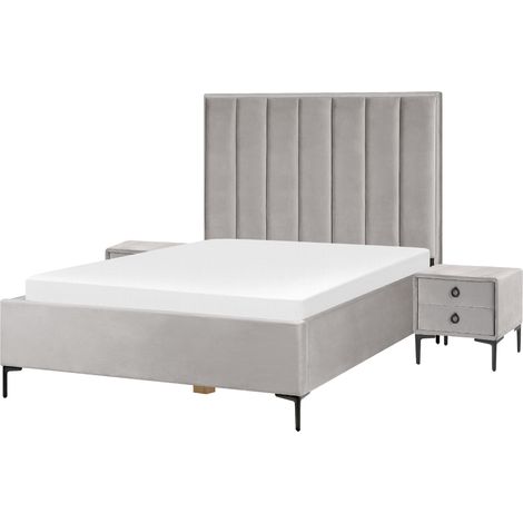 Conjunto de dormitorio tapizado en terciopelo gris cama con almacenaje 140 x 200 cm con 2 mesitas de noche tapizadas Sezanne (1/5)