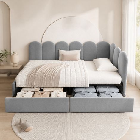 Lit coffre 90x190 avec tiroirs velours gris HAVRYA (1/5)