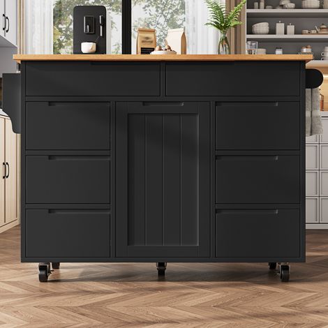 Isla de cocina 122x46x91.5 cm negra en MDF con tablero abatible, 8 cajones y ruedas (1/5)