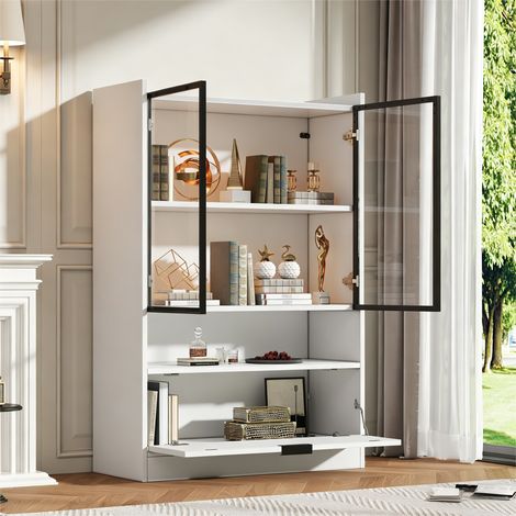 REDOM - Vitrine - 120x80x35 cm - éclairage LED - portes en verre trempé - abattant inférieur - panneau de particules - blanc