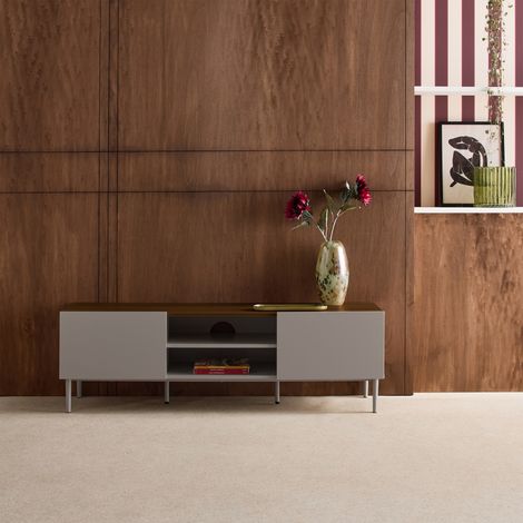 Meuble TV métal et décor bois 2 portes 140cm gris et noyer - Ashton