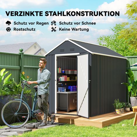 Abri jardin métallique double porte avec fenêtre, 259x172x222 cm, coloris gris et blanc (1/4)