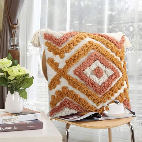 funda de cojín de 45x45 cm, tejida con borlas, de algodón y poliéster, color naranja quemado, para salón y dormitorio. (1/5)