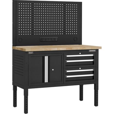 Sealey APMWB50COMBO1W Superline PRO Modular Workbench with 4 Drawers & Cupboard Wooden Worktop 1265mm