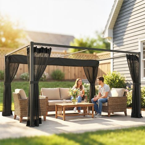 Pérgola de Jardín 3x4 m con Techo Retráctil 4 Laterales de Malla UPF30+ Cenador de Jardín para Patio Exterior Gris (1/5)