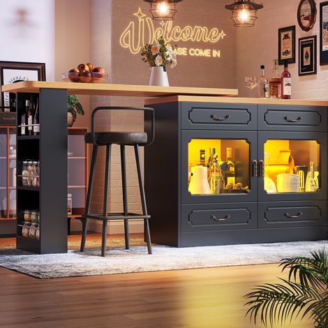 Barra extensible 135-203 x 39 x 92,8 cm en MDF negro con almacenamiento FloraGrace (1/5)