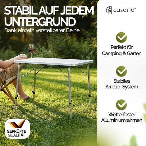 CASARIA® Campingtisch Klappbar Klapptisch Beine Höhenverstellbar 80x55cm Alu Tisch faltbar Weiß Holz Abgerundete Kanten Garten Balkon Picknick