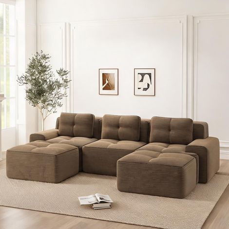 Canapé d'angle modulaire en velours côtelé marron réversible (1/5)