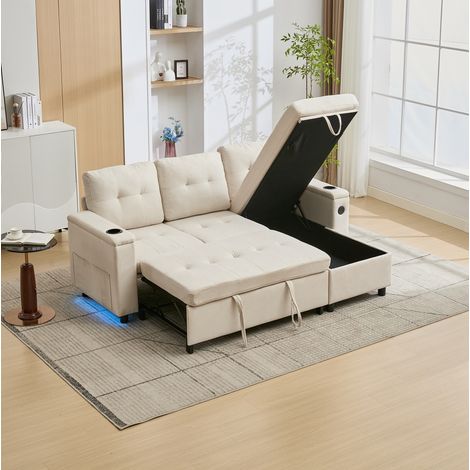 Sofá esquinero convertible de 3 plazas con almacenaje, LED, USB y Type-C, beige HAVRYA (1/5)