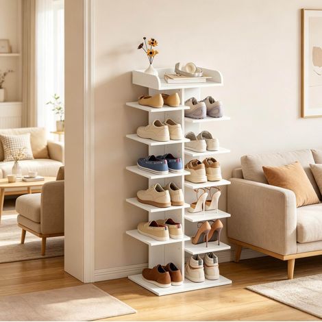 Scarpiera aperta 12 scomparti, 45 x 30 x 114 cm, truciolare bianco OKWISH (1/4)