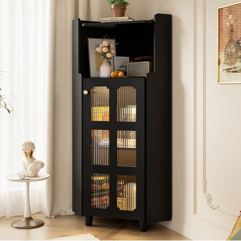 Armoire d’angle LED avec étagère ouverte et placard vitré 63,5 x 124 cm en MDF noir - OKWISH (1/5)