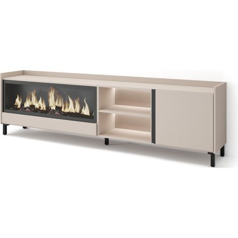 Skraut Home - Mobile TV Soggiorno, Ampio spazio a disposizione, 212x35x61cm, Per TV fino a 80", Camino elettrico XXL, Design industriale, LED, Stile moderno, Beige (1/5)