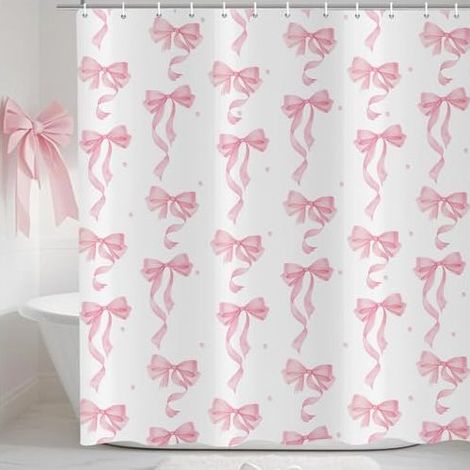 Rose Nœud Rideau de Douche 90x180 cm, Mignon Rose Esthétique Nœud Filles Salle de Bain Décoratif Blanc Imperméable Bain Rideau Textile Lavable Rideaux Douche pour Baignoire avec 6 Crochets (1/4)