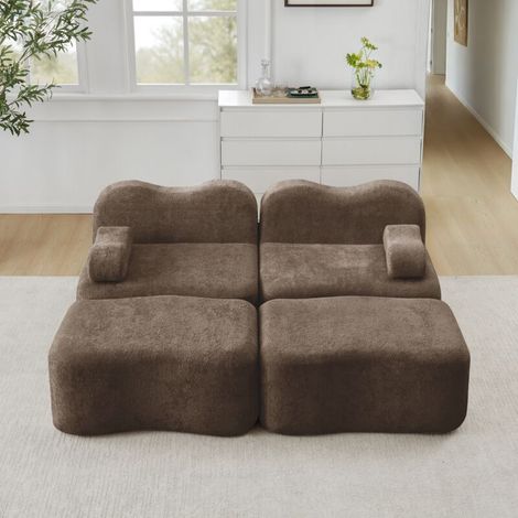 Canapé d'Angle Modulable 2 Places en L avec 2 Poufs - Sans Armature, Mousse Haute Densité 32D, Antidérapant, 192x167x70cm - Marron (1/5)