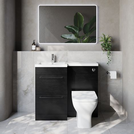Napoli 390 Nero Oak 1000mm 2 Drawer Vanity Unit Toilet Suite with Left Hand Square Lucia Basin - 1000mm - Chrome 320mm HandleWith Kingston Toilet Pan and Seat