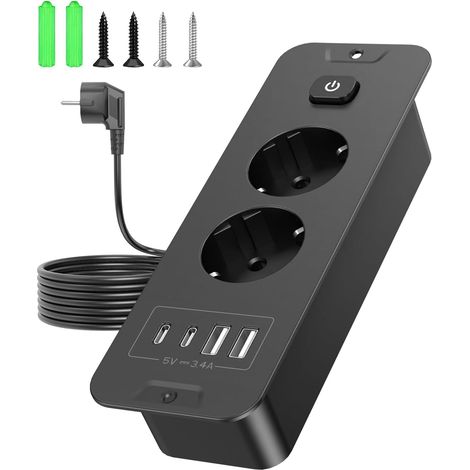 Multiprise encastrable avec USB, Prise encastrable Plan de Travail avec Interrupteur, 2 USB C (PD 20 W) et 2 USB A, Bloc multiprise encastrable pour Cuisine Bureau (1/5)