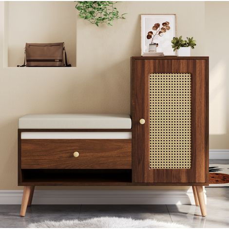 meuble rangement banc chaussures rotin 95 cm noyer OKMYHOME (1/5)
