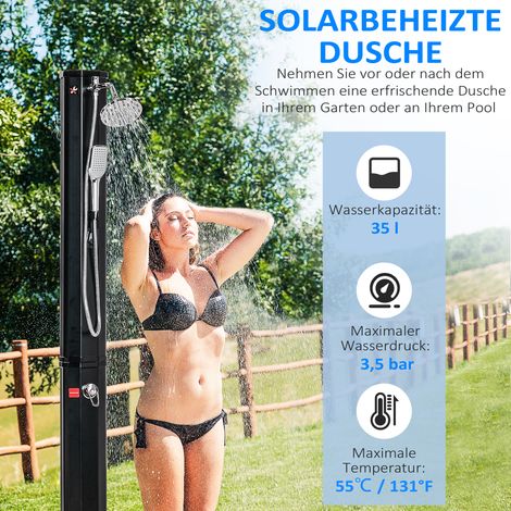 Douche solaire portable 35L avec mitigeur, pommeau effet pluie et douchette, chauffe jusqu'à 55°C, douche extérieure sans électricité, pour piscine, jardin et camping, eau chaude. (1/4)