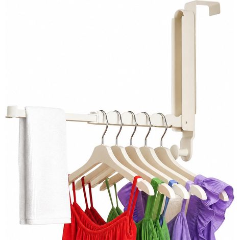 Crochet Porte Pliable 3,7cm,Barre Extensible Patère sans Percer,Blanc pour porte ≤3,7 cm,6 Cintres,Aluminium Patère crochet pliable sans percer,salle de bain chambre Buanderie,1 pièce,10 kg (1/5)