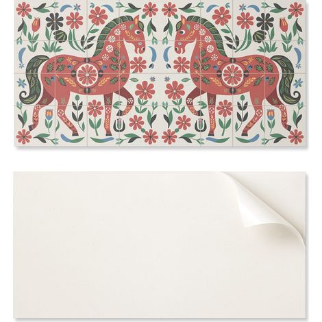 Panel de pared de vinilo estampado para comedor, 100x50 cm, con dise帽o de caballos y flores.
