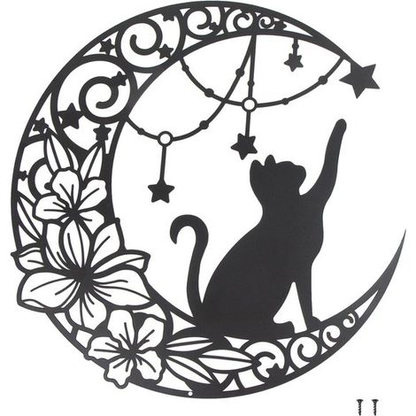 Schwarzes Metall-Wandbild 30 x 30 cm runde Wanddekoration Katze pflückt Sterne auf dem Mond Silhouette-Kunst Geschenk für die Innen und von und (1/5)
