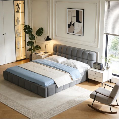 VASIEN – Lit rembourré 140x200 cm – lin – avec dossier moelleux – lit double avec sommier à lattes – convient aux adultes et adolescents – Gris