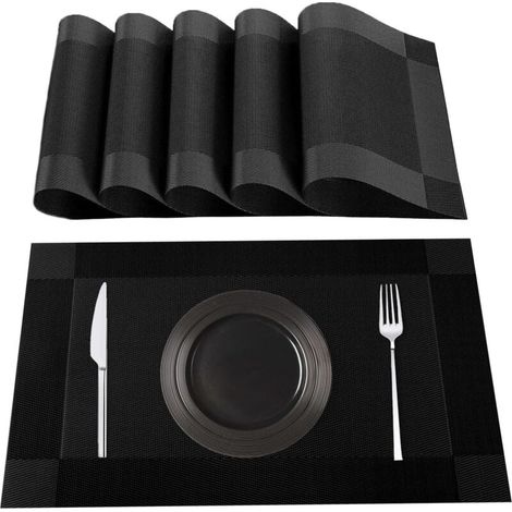 Washable black placemats, set of 6, 70% PVC and 30% polyester, non-slip, heat-resistant, suitable for kitchen tables (1/3)