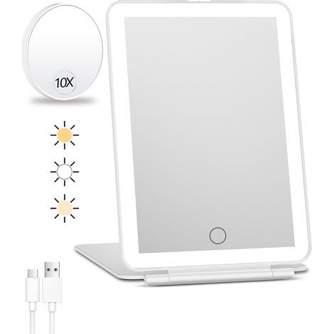 1000-mAh-Akku – 3-farbige Beleuchtung – Wiederaufladbarer Reise-Schminkspiegel mit Licht und 10-facher Vergrößerung – 49 LEDs – Helligkeit per Knopfdruck einstellbar – Tischspiegel (1/5)