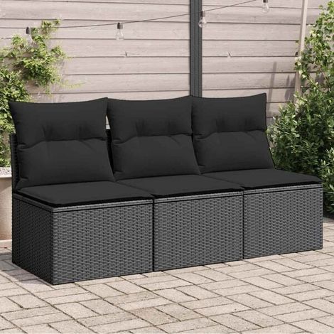 Canapé de Jardin 3 Places en Rotin Synthétique Noir avec Coussins (1/5)