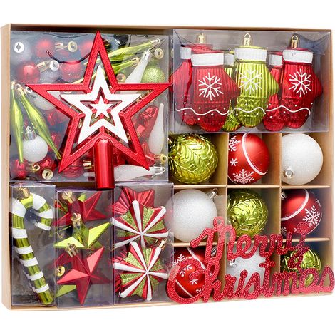 Juego de 70 adornos navideños rojos y verdes, de plástico irrompible, con estrellas, guantes y bastones de caramelo para colgar. (1/5)