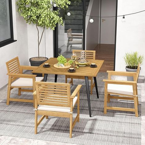 Table de Jardin Carrée en Bois d’Acacia pour 4 Personnes, Piètement Métallique, Trou de Parasol 5 cm, Table de Terrasse Extérieur Intérieur Stable et Résistante