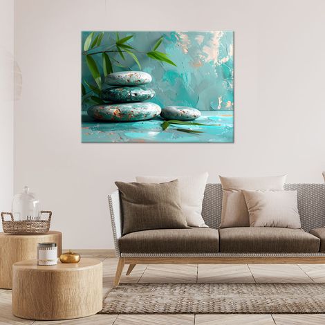 Wandbild Zen-Spa-Steine Blätter auf türkisfarbenem Hintergrund 100x70 (1/4)