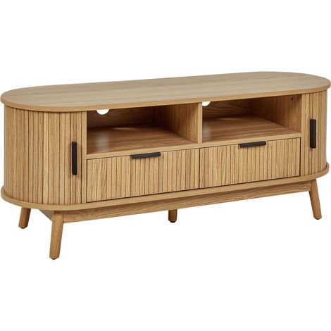 Porta TV con 2 ante scorrevoli 2 cassetti 2 ripiani Gambe in legno massiccio MDF Legno chiaro Selah
